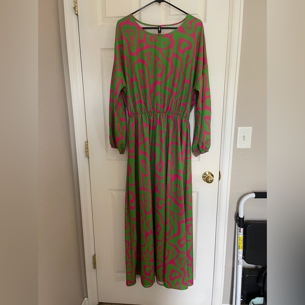 Stylewe Maxi Dress L – Green Pink Abstract Long Sleeve Elastic‎ Waist Boho Chic - Picture 7 of 7